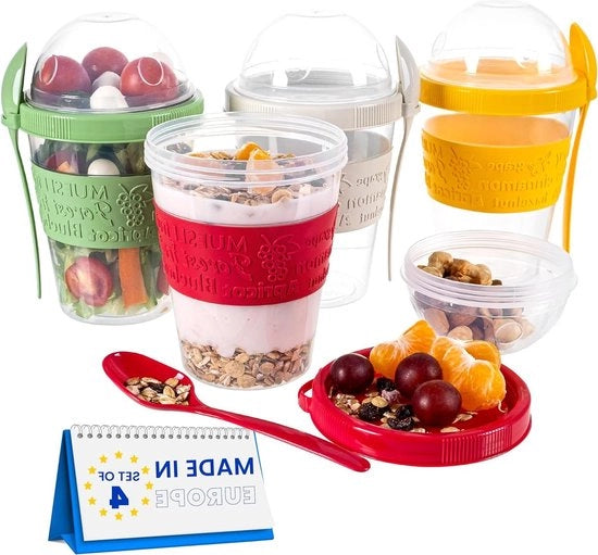 Set di 4 contenitori da yogurt to go con cucchiaio - contenitori per muesli per la strada - 600 ml.