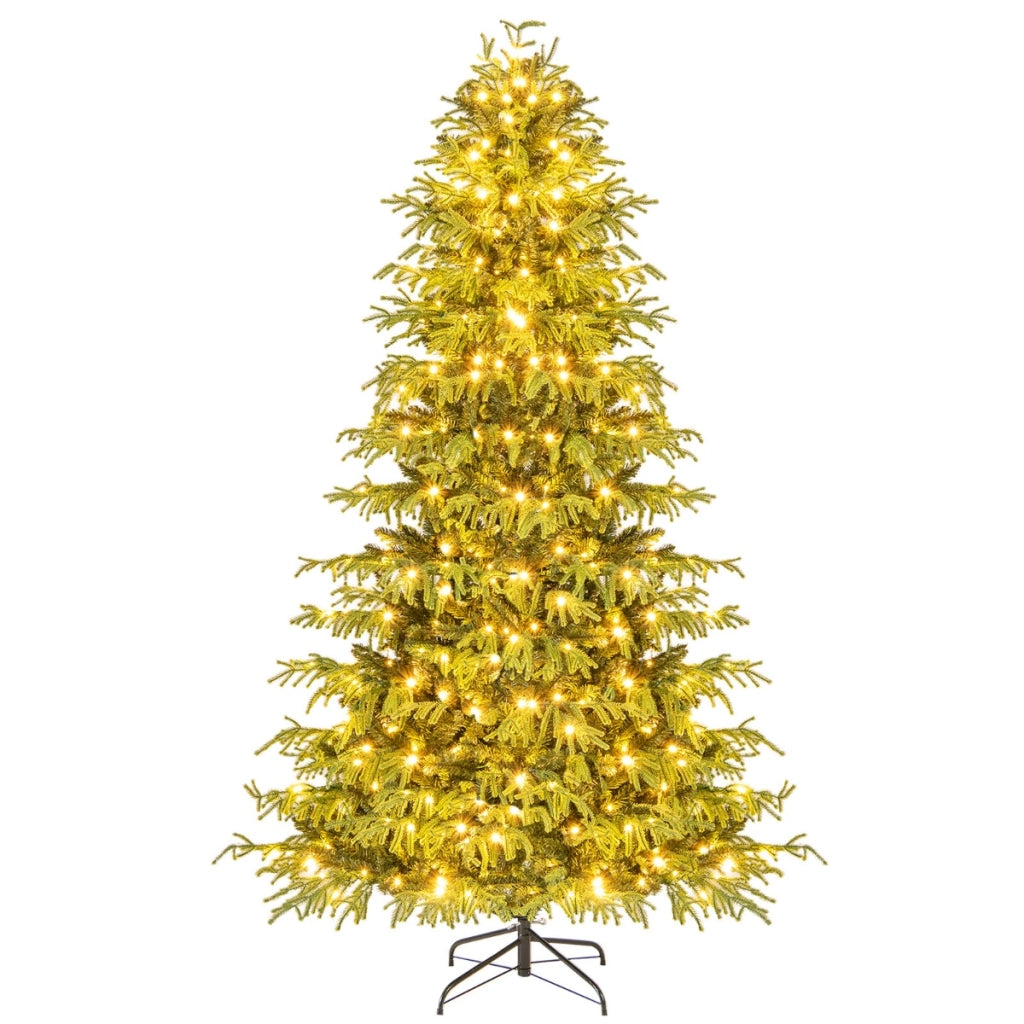 Albero di natale pre-illuminato con 370 luci LED bianco caldo in metallo pieghevole, 210 cm albero di natale artificiale Verde-Alberi di Natale