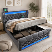 Letto matrimoniale imbottito 160x200 cm in velluto grigio con LED; USB e contenitore idraulico