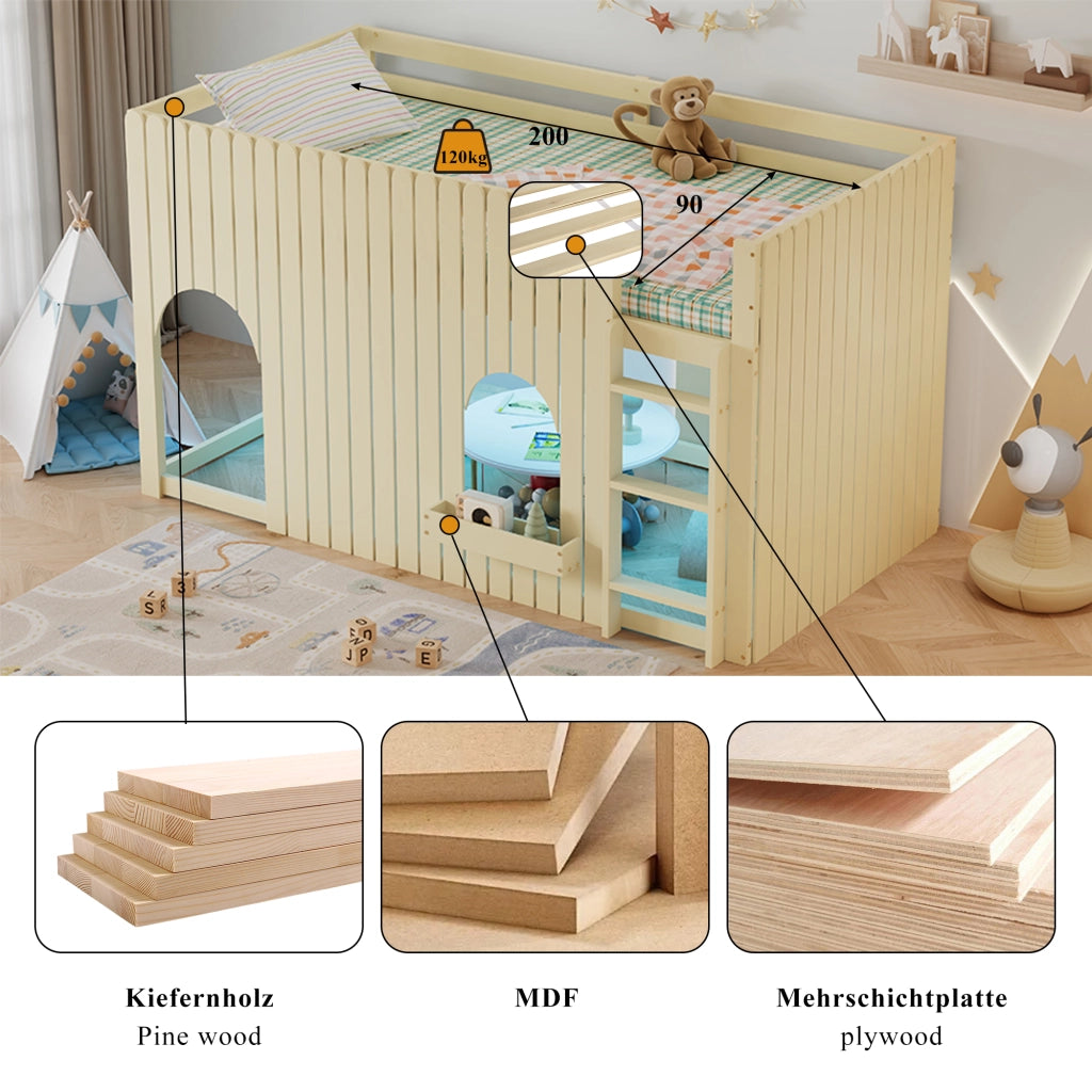 DESMIU Letto a soppalco 90 × 200 cm 1 posto con LED, scala dritta, senza materasso, in legno massello e MDF, naturale