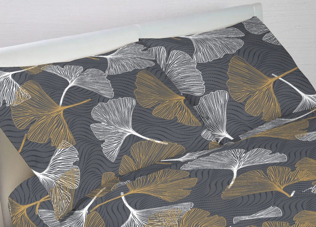 Completo Lenzuola Letto Morbida Flanella 100% Cotone Dis. Ginko - Piazza E Mezza - Giallo