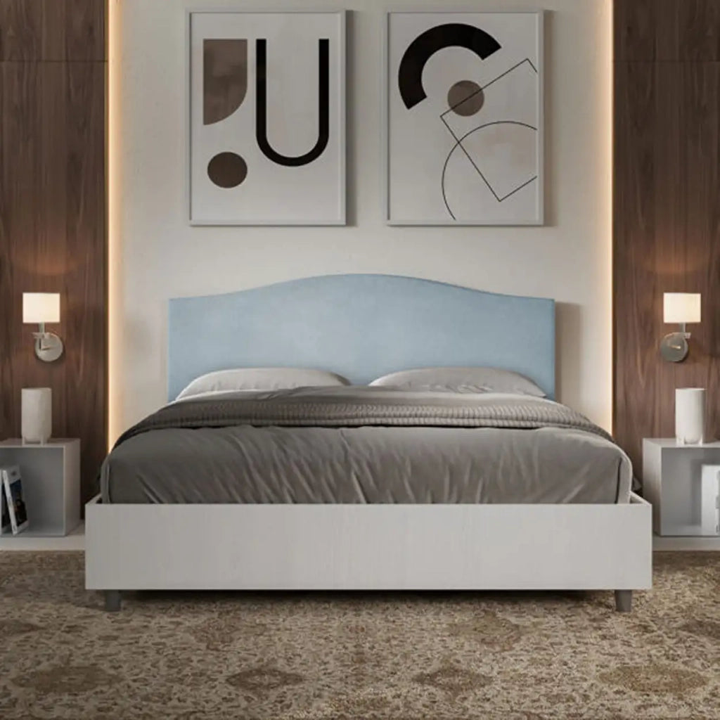 Letto matrimoniale con rete 160x190 bianco frassino testata microfibra azzurro Grace