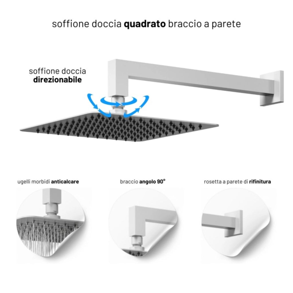 Set per doccia soffione quadro in acciaio inox 25x25 millimetri opaco *** tinta bianco, confezione 1