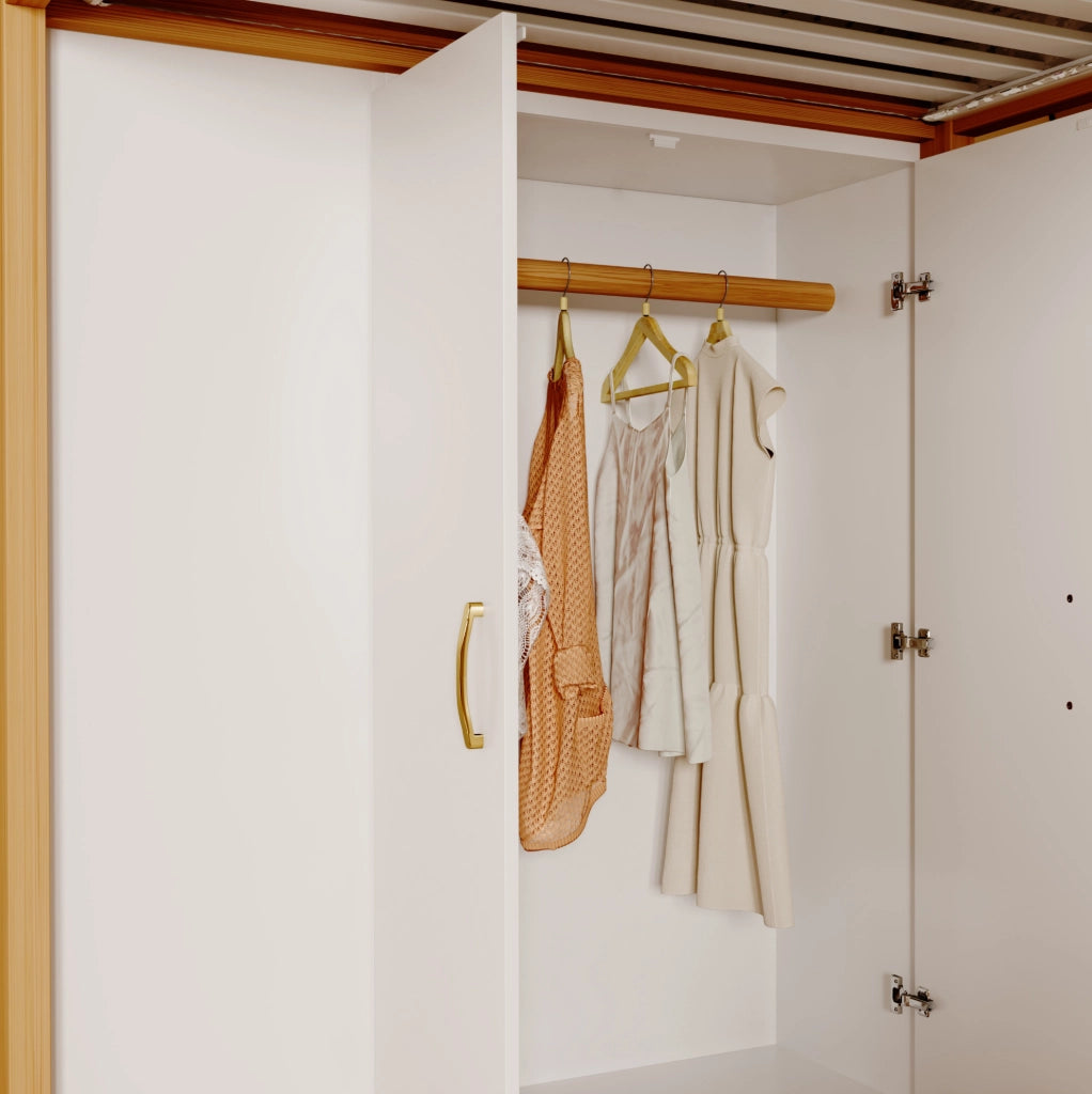 Letto a soppalco ULEVR 90x200 cm con armadio, scaffali e scala con cassetti, bianco e legno naturale