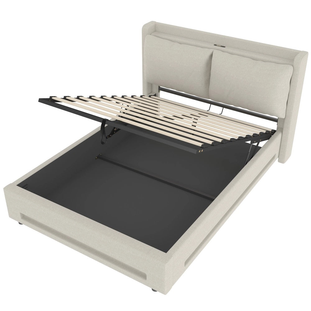 Letto Imbottito Contenitore con LED e USB ¨C MINIMAL ¨C Velluto Beige 160x200