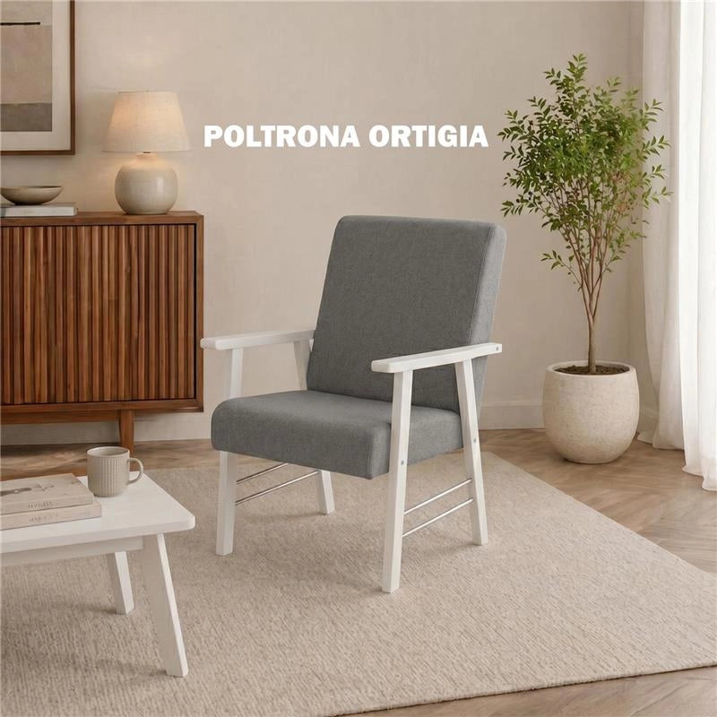 SET SALOTTO DA GIARDINO CON DIVANO, 2 POLTRONE + TAVOLINO IN LEGNO BIANCO E TESSUTO COLORE GRIGIO