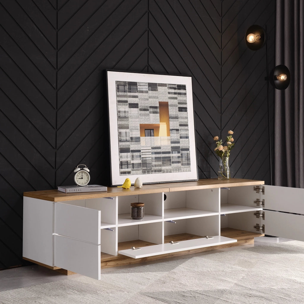 Mobile TV con 5 Ante e 2 Vani Aperti; Frontali a Griglia; Stile Moderno; 180??46??38 cm; in MDF; Bianco