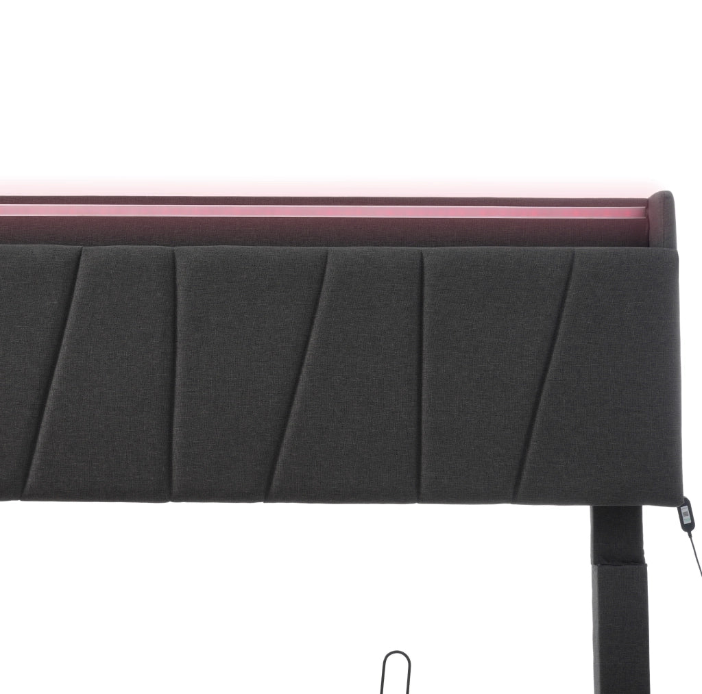 Letto contenitore 140x200 cm con testiera con prese e LED RGBW in lino grigio