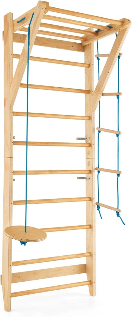 Spalliera Svedese in Legno, Scala Svedese Adulti e Bambini con 13 Barre, Scala a Corda e Trapezio Rotondo, Spalliera per Fitness e Fisioterapia da Palestra e Casa, Portata 100 kg