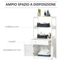 kleankin Mobile Bagno con Mensole, Armadietto e Cassetto, Mobiletto da Bagno Multiuso in Legno, Bianco,  60x33x122.5cm
