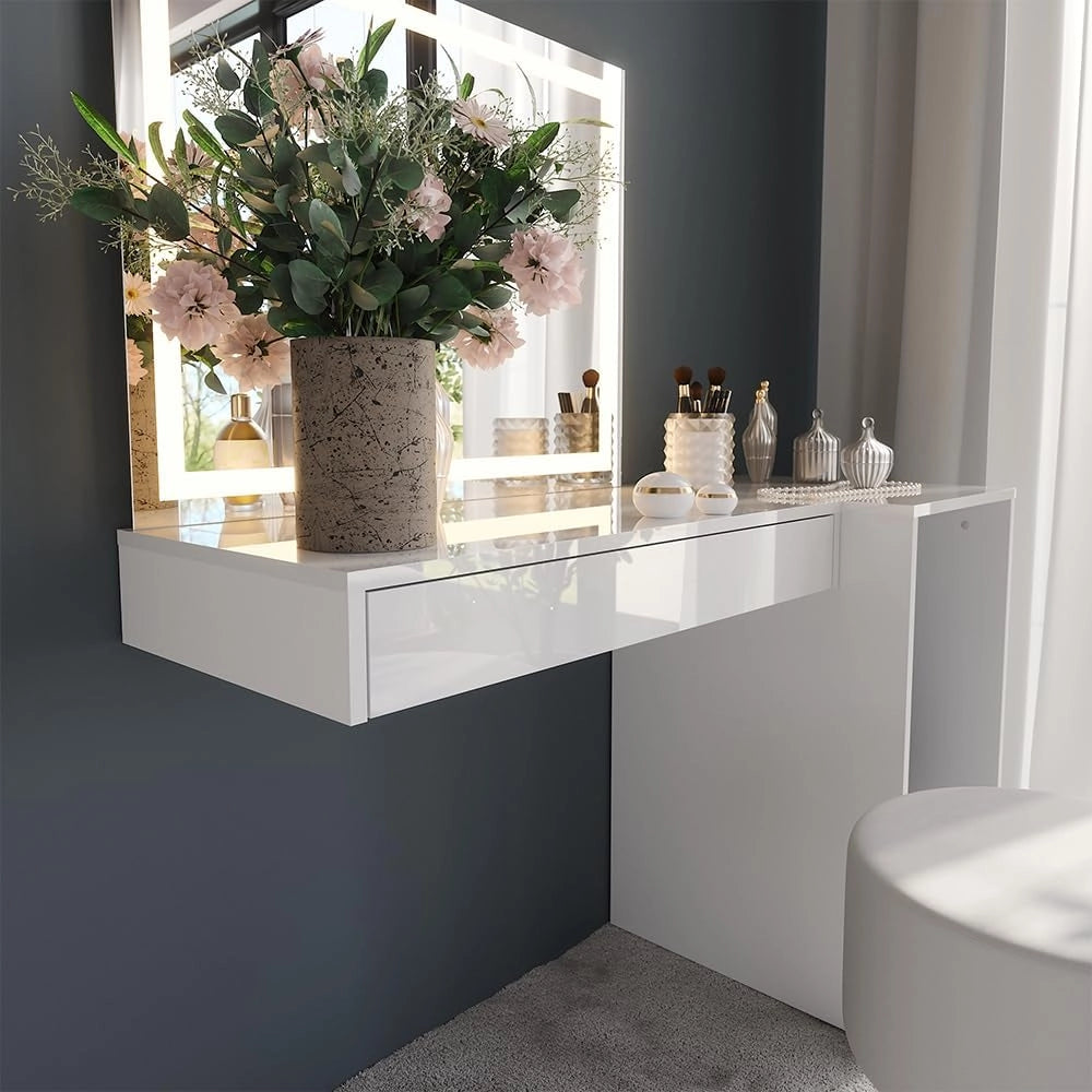 Tavolo da toeletta Sherry, Bianco/bianco lucido, 120 cm 4 parti, con illuminazione LED e specchio integrato
