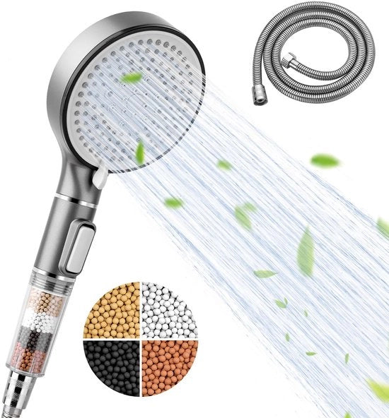 Douchekop universale con filtro per acqua dura, 5 posizioni, con tubo da 2M per uso in pressione bassa.