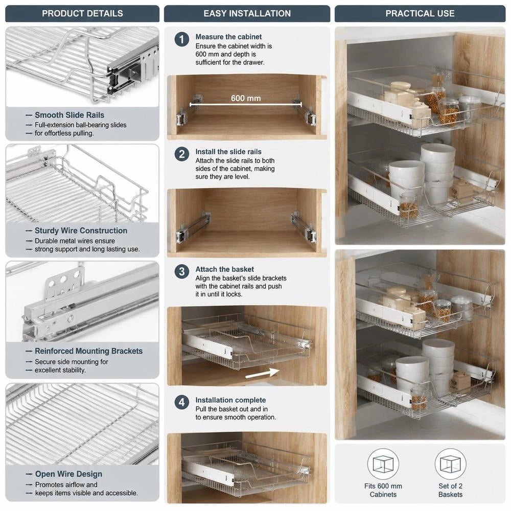 Built-in Drawer Basket Pull-out 2 Pcs. Silver 600 Mm