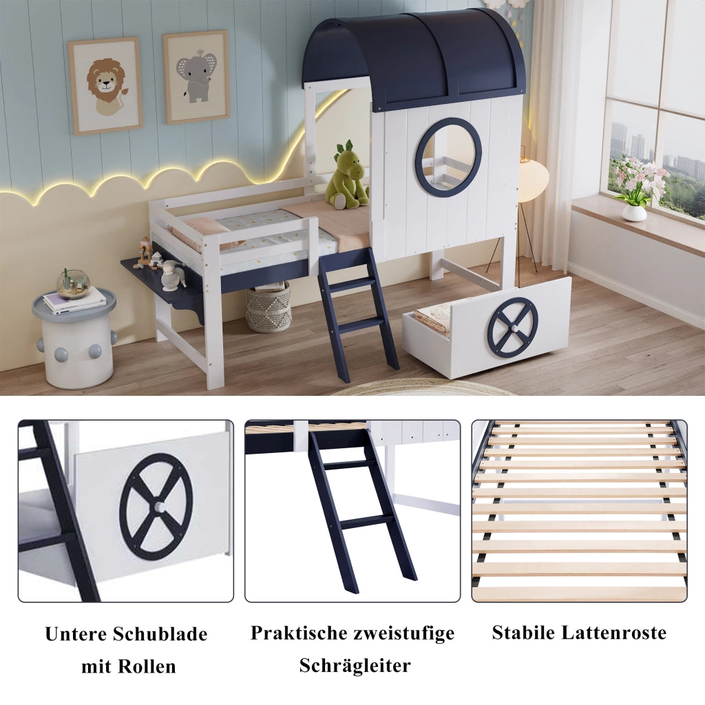 Letto a castello con tetto e finestre legno massello MDF compensato 90x200 cm
