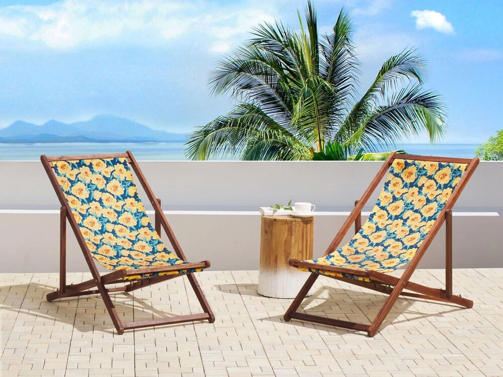 Set di 2 sedie a sdraio da giardino con struttura in legno di acacia scuro con motivo floreale in tessuto amaca sedile reclinabile