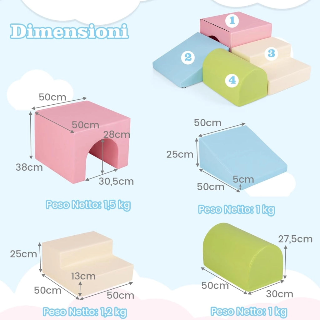 Set di 4 Blocchi in Schiuma per Arrampicarsi e Gattonare per Bambini, Set di Giocattoli Morbidi da Interno con Diverse Forme e Colori per lo Sviluppo dei Bambini (Rosa)