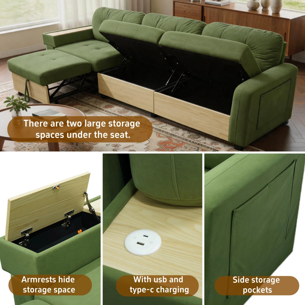 Divano angolare modulare a L con chaise longue estraibile, spazio contenitore e porte USB, in velluto verde per soggiorno