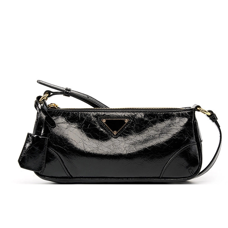 Borsa a tracolla da donna in vera pelle, modello Crescent, alla moda, colore nero.
