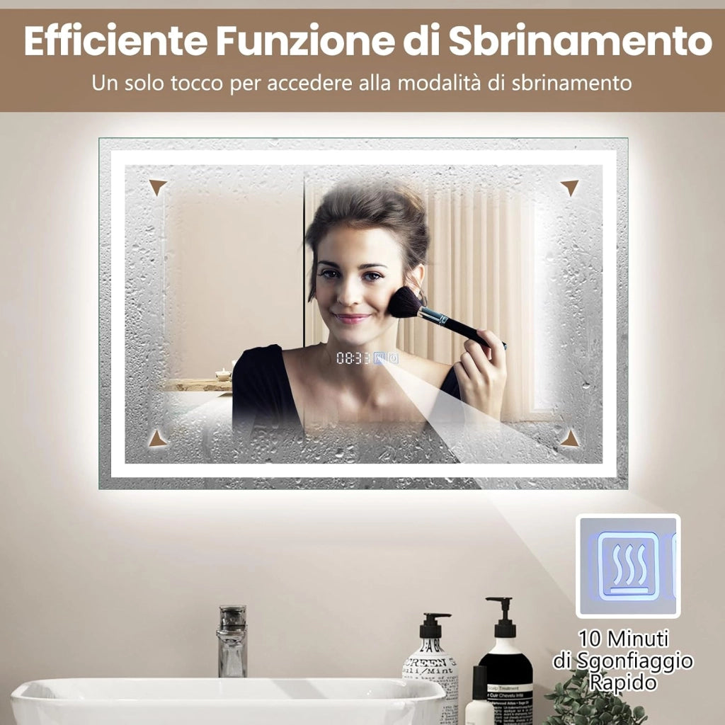 60x40/75x50 cm Specchio da Bagno a LED, Specchio Rettangolare a Parete con Luminosità Regolabile, 3 Temperature di Colore, Funzione Anti-appannamento e Memoria (60 cm x 40 cm)