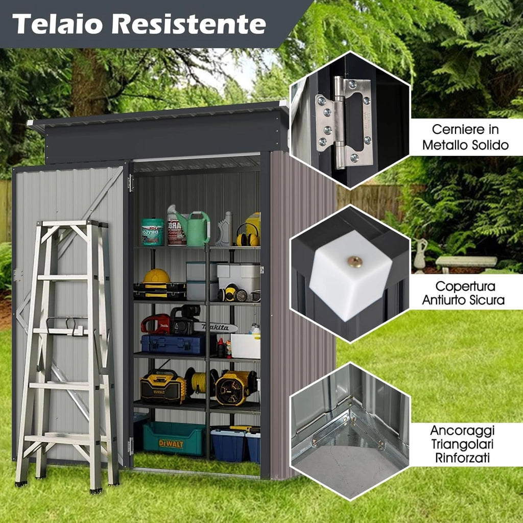 Armadio da Esterno 1,02㎡, Capanno da Giadino in Metallo Zincato con Tetto Inclinato, Venti d'Aria e Porta con Chiusura, Casetta Porta Attrezzi da Cortile, Prato e Patio (Grigio Chiaro)