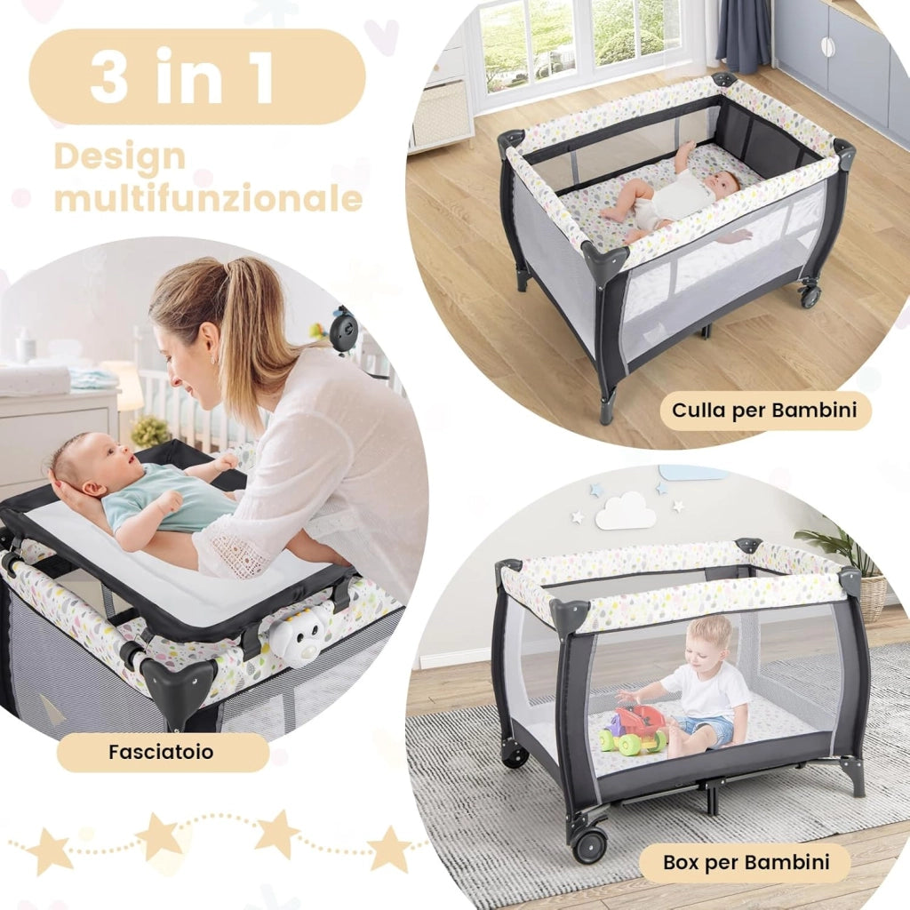 3 In 1 Lettino da Campeggio per Bambini, Lettino con Materasso Portatile per Neonati, Culla Pieghevole per Neonati con Fasciatoio, Carillon e Ruote con Freno, per Bambini 0-36 Mesi (Colorato)