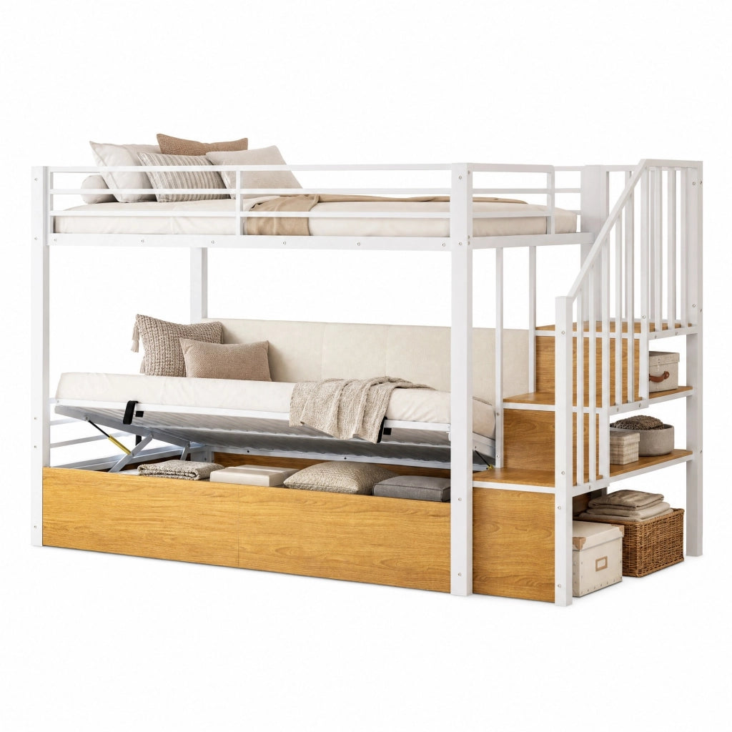 Letto a soppalco multifunzione 90x200 cm bianco in metallo; MDF e compensato; con scala contenitore