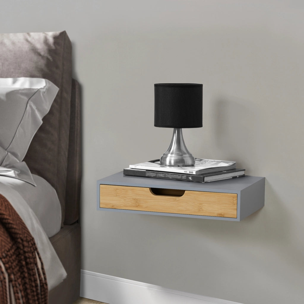 Set Bokn di 2 Mensole con Cassetto Integrato 40 x 24 x 8 cm Bambù - Grigio [en.casa]