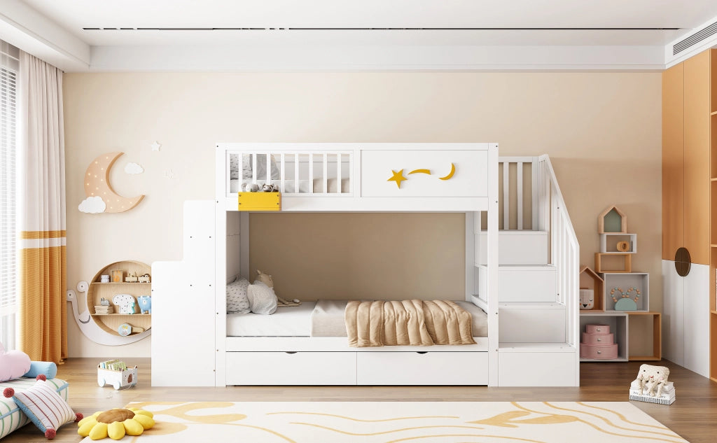 Letto a castello per bambini 90 x 200 cm bianco; legno massiccio di pino; cassetti; scale di sicurezza; scrivania e motivo a stella