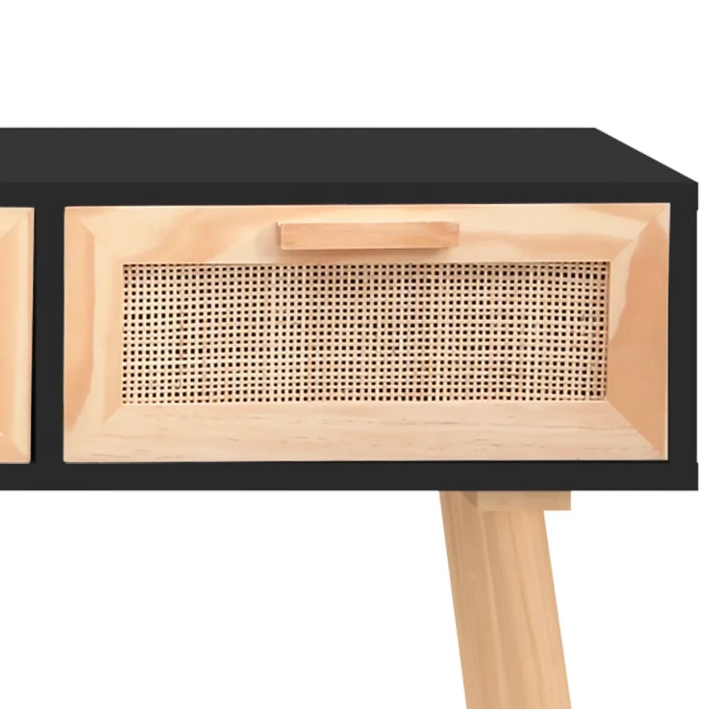 Tavolo Consolle Nero 105x30x75cm Massello Pino Rattan Naturale 345628