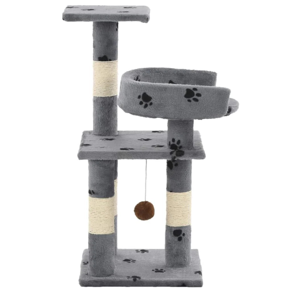 Tiragraffi albero per gatti cuccia per gatti giocattolo peluche e sisal 65 cm impronte di zampe grigio 3702057