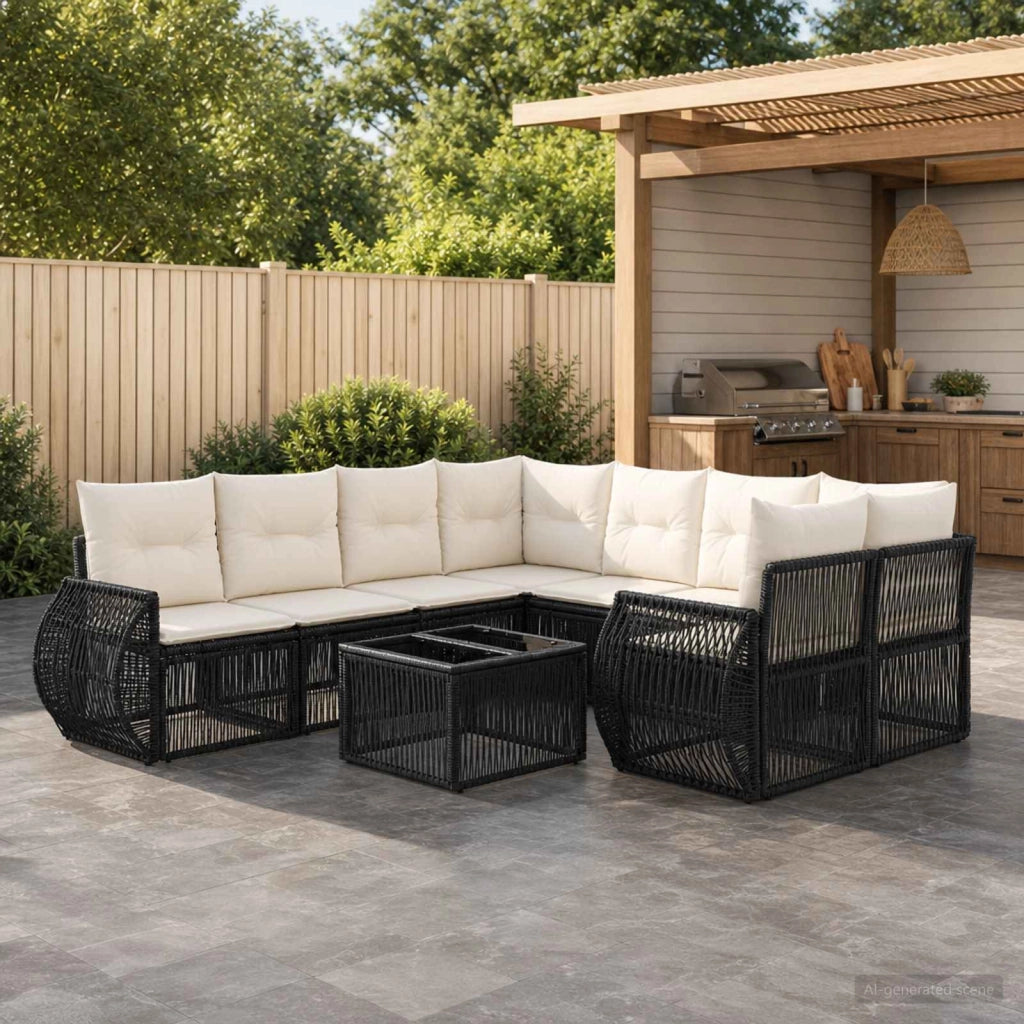 Set Divano da Giardino 9 pz Nero polyrattan 3435364