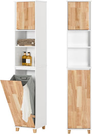 Mobile Bagno - Mobiletto Bagno Salvaspazio con Cesto Portabiancheria Pieghevole, Mobile Alto e Stretto in Legno Resistente all’Umidità, Bianco, 31x170x32 cm, BZR74-W