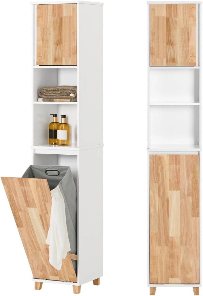 Mobile Bagno - Mobiletto Bagno Salvaspazio con Cesto Portabiancheria Pieghevole, Mobile Alto e Stretto in Legno Resistente all’Umidità, Bianco, 31x170x32 cm, BZR74-W