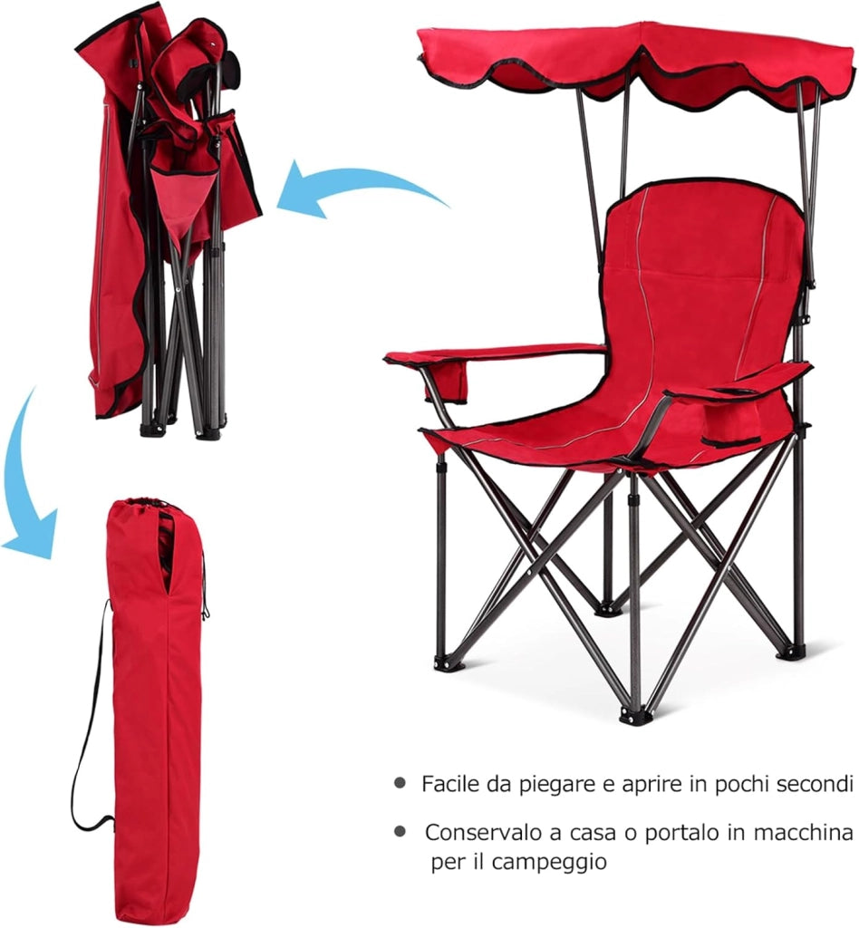 Sedia da Campeggio con Tettuccio, Poltrona da Spiaggia Pieghevole con Portabicchieri, Sedia Mare Leggera e Portatile, con Braccioli, Portata 120 kg (Rosso)