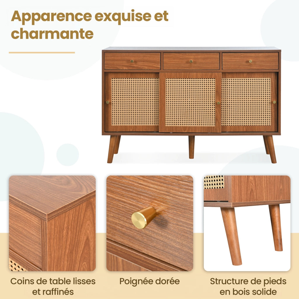 Credenza con 3 Cassetti e 3 Ante Scorrevoli; Frontali in Rattan; Ripiani Regolabili; in MDF; 120??40??78 cm; Noce