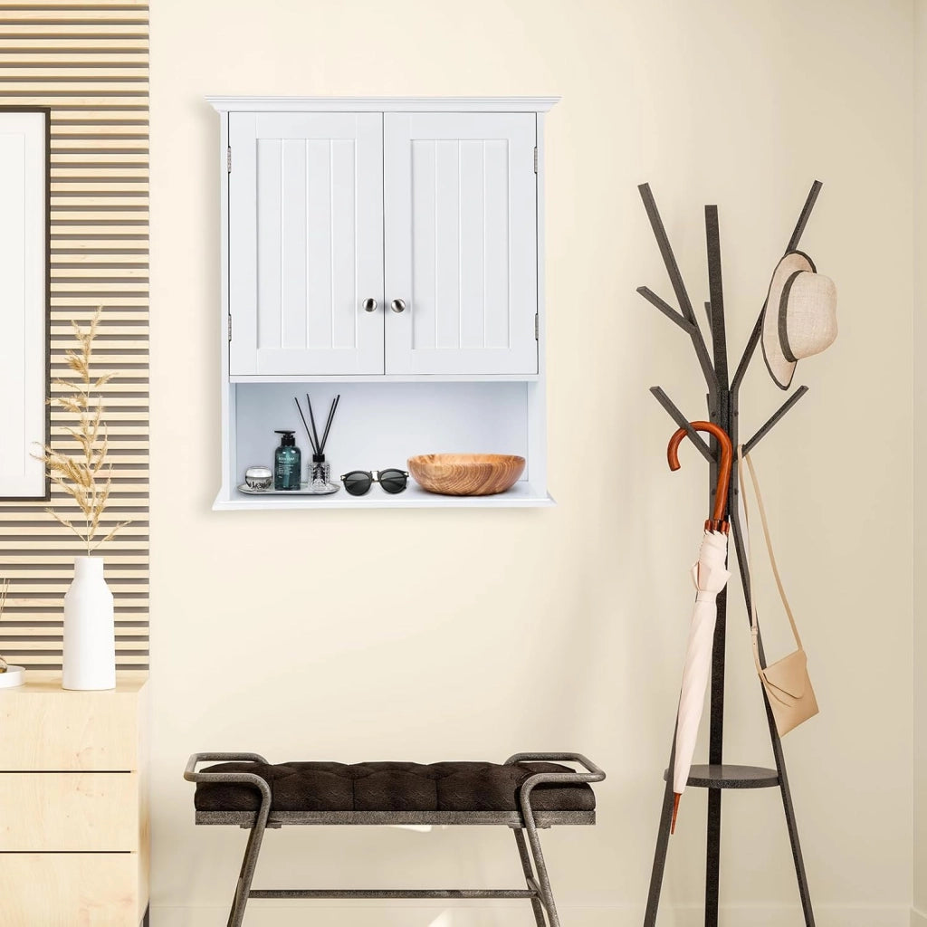 Armadio da Bagno Sospeso, con Ripiano Aperto, Armadio da Bagno con Ante e Mensola Regolabile, Pensile per Cucina, 60 x 19 x 71 cm