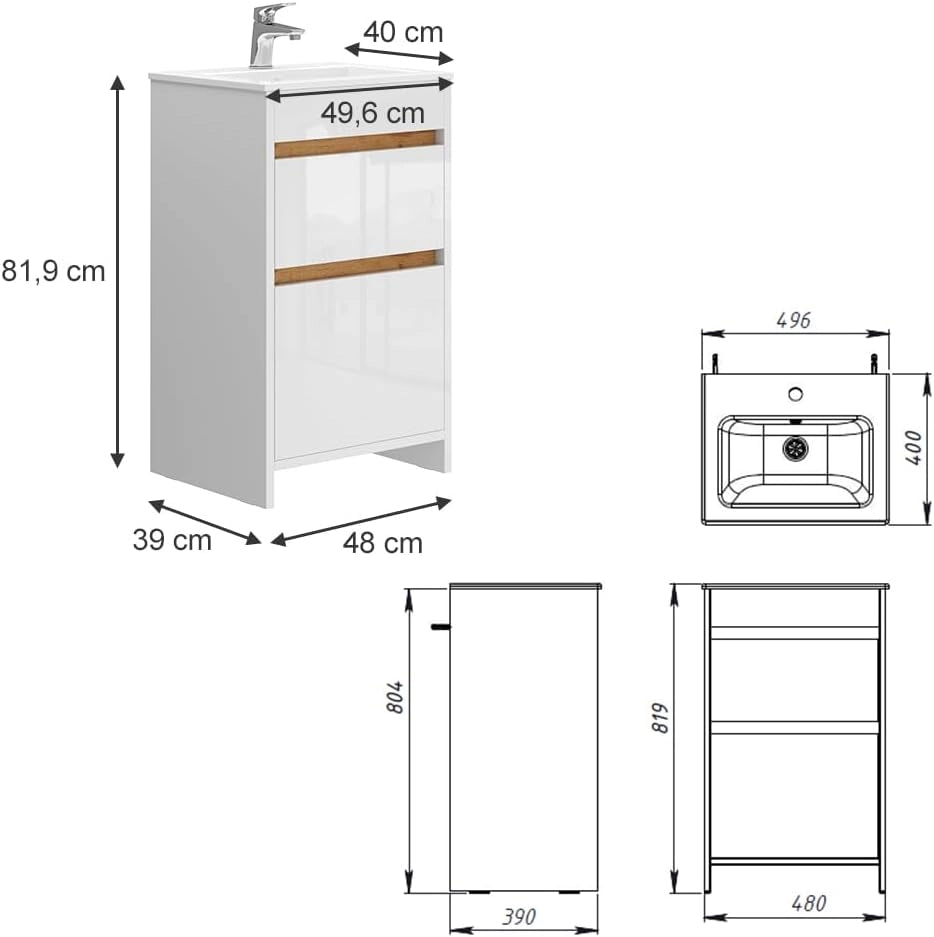 Set mobili bagno Detmold, Bianco lucido/oro power oak, 49 cm, composto da mobile sottolavabo e lavabo