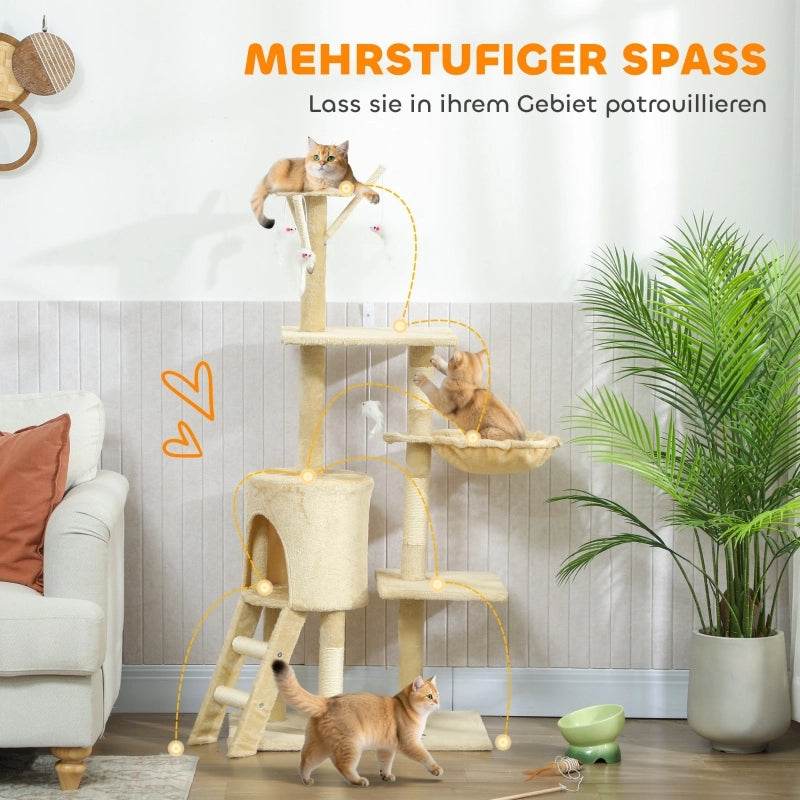 Tiragraffi con cuccia, 4 giochi, pali in sisal, ampia piattaforma, scaletta, per gatti sotto i 5 kg, beige