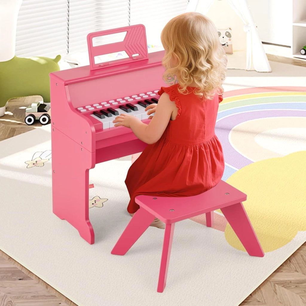 Pianoforte Digitale Bambini a 25 Tasti con Luci, Pianola Elettrica con 6 Toni, 15 Demo e 8 Percussioni, Set Tastiera Musicale con Sgabello e Leggio Rimovibile, per Bambini 3+ Anni (Rosa)