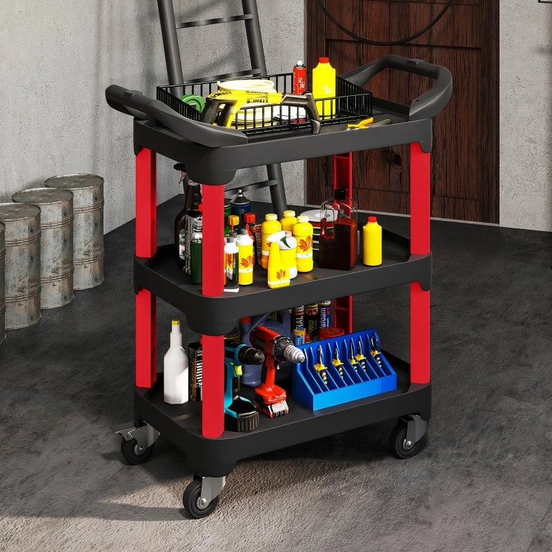 Carrello Portautensili 81x43x96 cm Nero in Plastica a 3 Livelli con 4 Ruote e Portata 68 kg