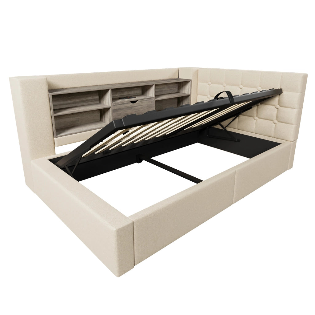 Letto singolo 90x190 cm in lino beige con LED; contenitore idraulico e testiera a L reversibile