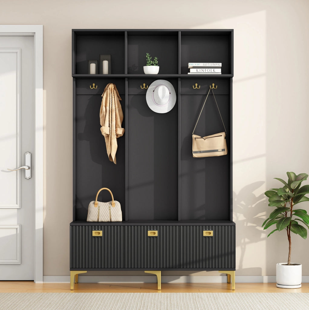 Guardaroba da ingresso multifunzionale con panca e vani portaoggetti; 120x23;5x191;5 cm; nero