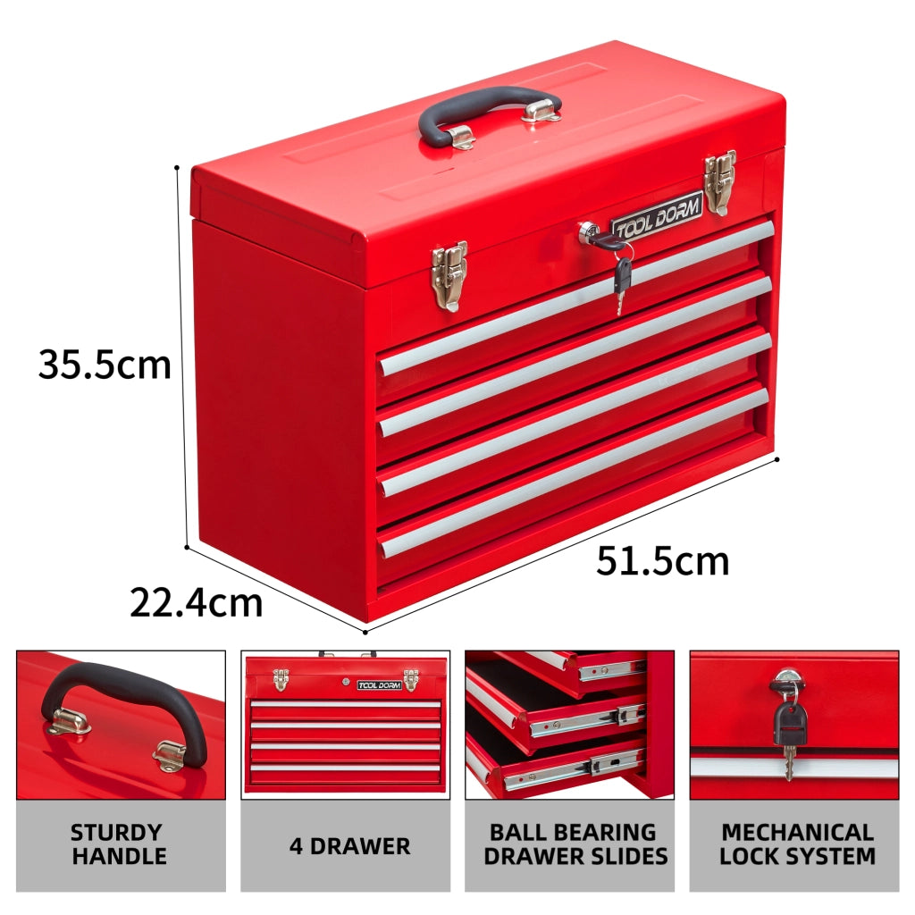 Baule da giardino in acciaio con 4 cassetti, coperchio superiore, guide a sfere, chiusure metalliche e maniglia, rosso