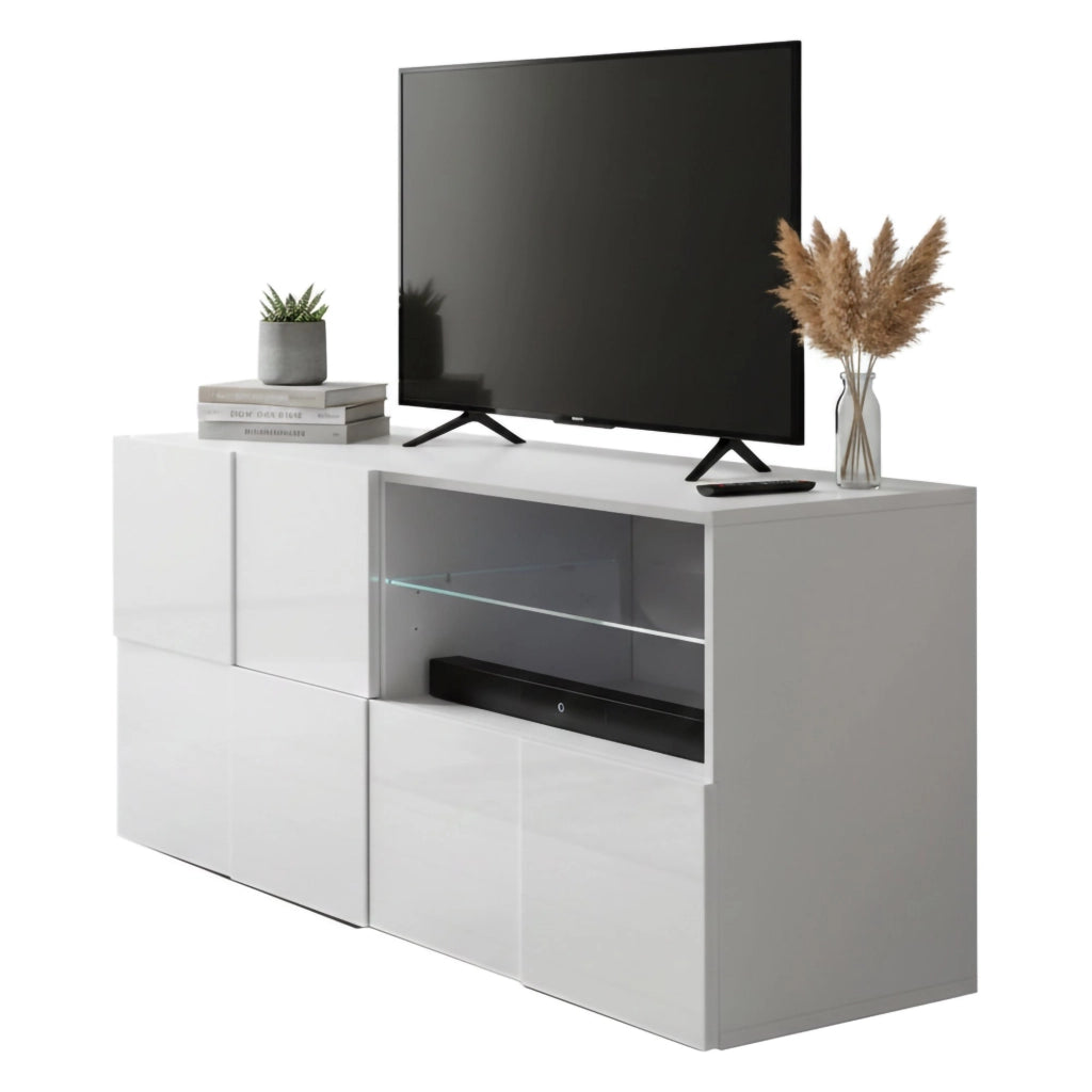 Mobile porta TV Ward, Credenza da soggiorno, Armadio basso per TV, Base parete attrezzata, Made in Italy, 122x43 h57 cm, Bianco lucido