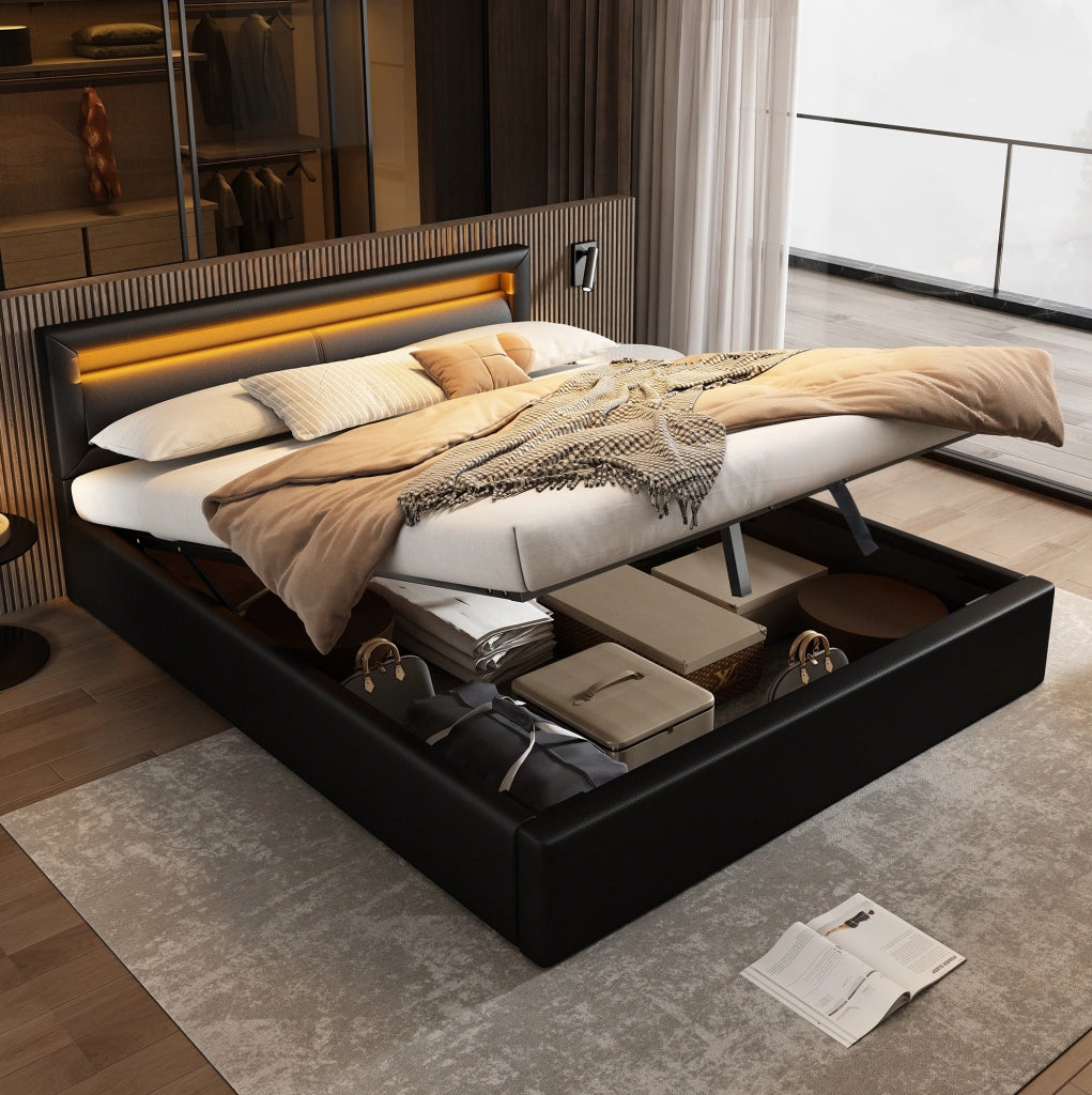 Letto imbottito LED con contenitore 140x190 cm in PU nero