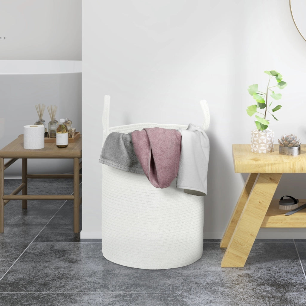 Cesto Portabiancheria da 36L Portatile e Pieghevole con Manici, Cesto Biancheria in Cotone Naturale, ?38x45 cm, Bianco Crema