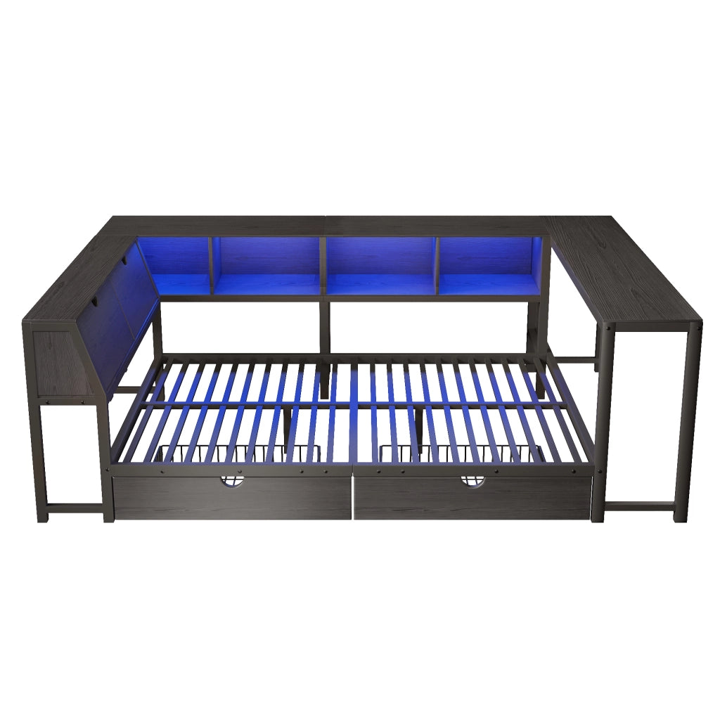 Letto matrimoniale 140 × 200 cm 2 posti con 2 cassetti, LED multicolore e scrivania, senza materasso, nero