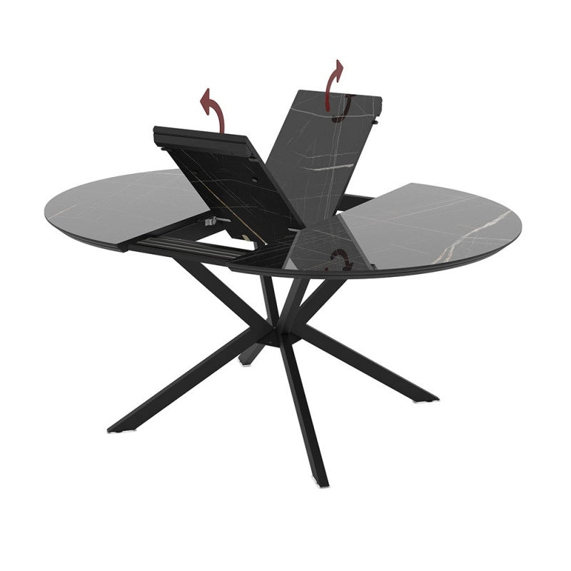 Tavolo allungabile Dobok con allunga 34 cm con piano effetto marmo nero con dettagli oro lucido e gambe in metallo nero