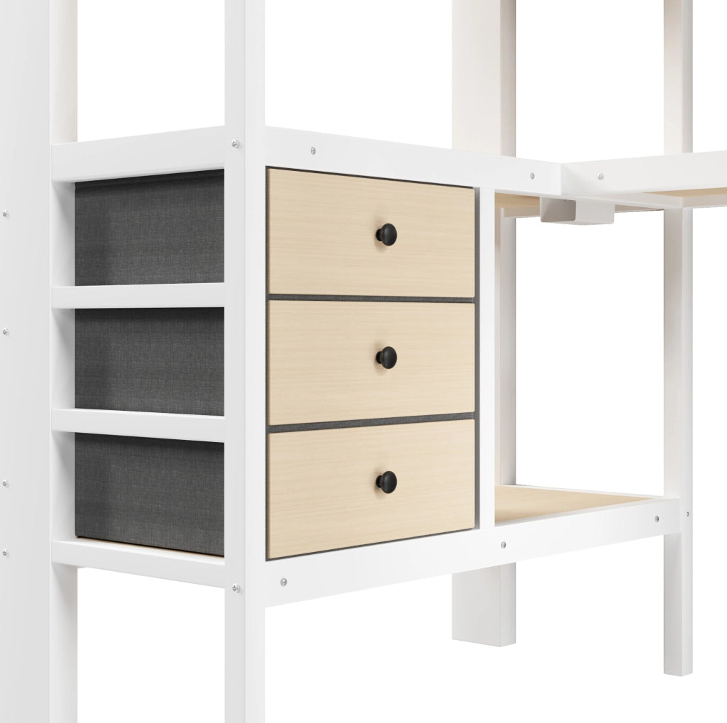 Letto a soppalco ULEVR 90x200 cm con scrivania, 3 cassetti, mensole, presa e LED dimmerabile, bianco