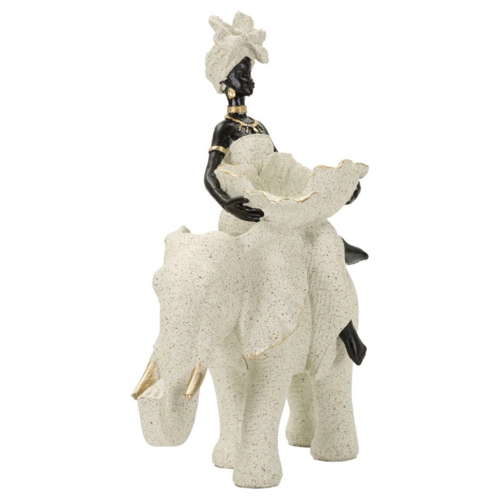 Scultura decorativa etnica donna su elefante in poliresina